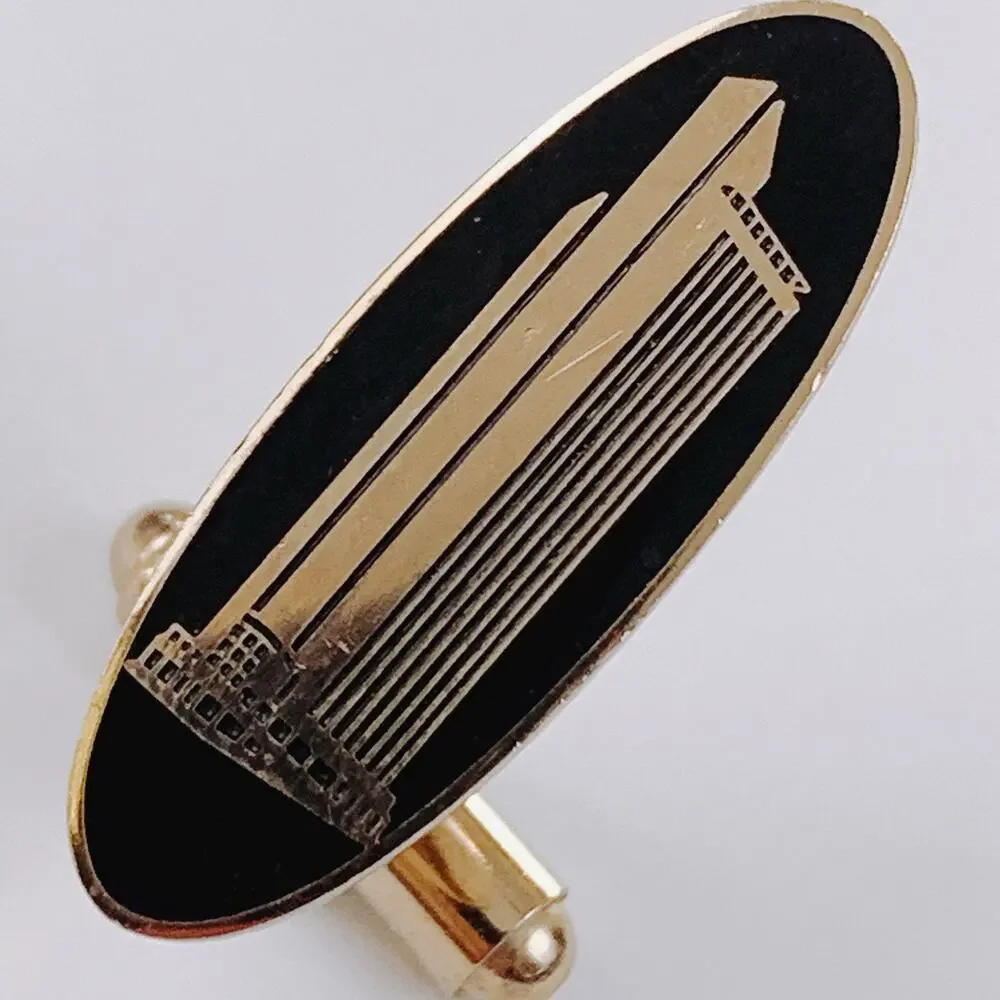 VTG Mid Century Black Cufflinks Tie Bar Chain 3-Piece Set Skyscraper Gold Tone